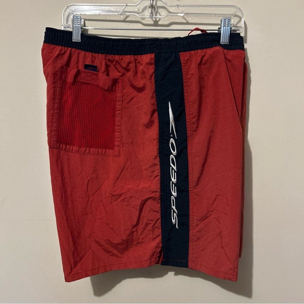 Speedo Bathing Suit Shorts Swim Trunks Men’s Large Red Logo Drawstring Pocket